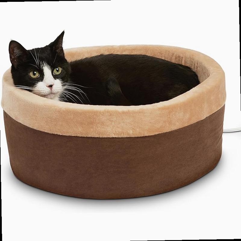 K H Pet Products Thermo Kitty Bed Heated Cat Beds for Indoor Cats Dogs Calming Warming Pillow Pet Bed Machine Washable Removable Heater Safety Listed Small 16 Round Mocha Tan