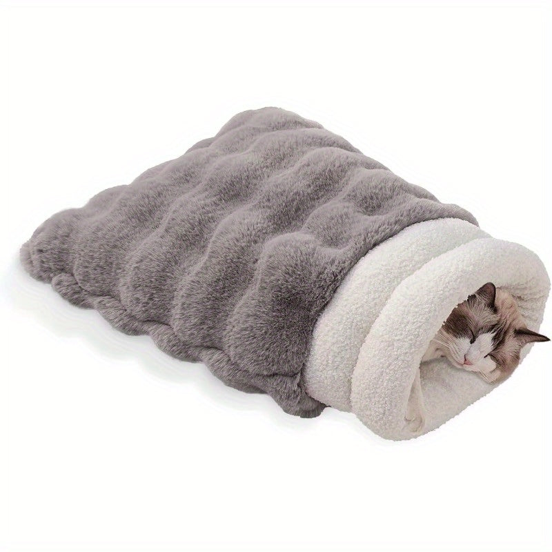 4-in-1 Cat Sleeping Bag & Cozy Cave - Plush Squirrel Fur-Lined Snuggle Bed for Small Pets up to 15 lbs, 21x17 Inch Warm Washable Blanket Mat, Grey Beige & White-Blue Mix for Cats, Puppies, Rabbits