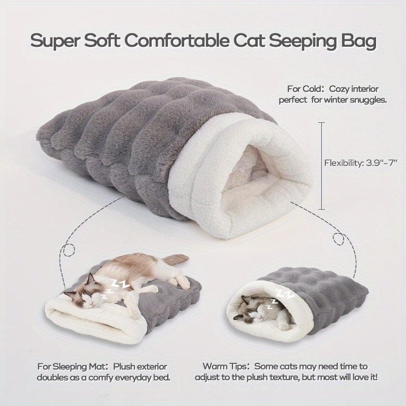 4-in-1 Cat Sleeping Bag & Cozy Cave - Plush Squirrel Fur-Lined Snuggle Bed for Small Pets up to 15 lbs, 21x17 Inch Warm Washable Blanket Mat, Grey Beige & White-Blue Mix for Cats, Puppies, Rabbits