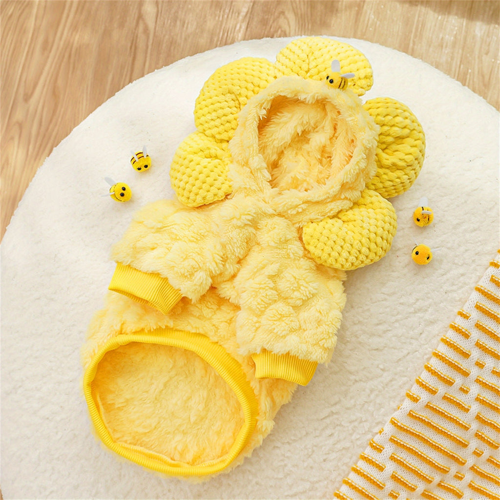 1pc Sunflower Pet Costume - Plush Dog Hoodie with Long Sleeves, Soft Warm Polyester, Suitable for Small to Medium Breeds, All Seasons, Easy Pull-On Design
