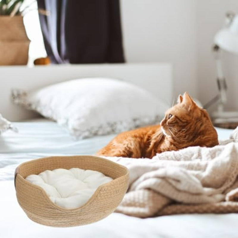 Woven Cat Bed 13.4x5.1 Warm Cute Sleeping Nest Basket Lovely Calming Round Soft Litter Mat Cushion for Pets to Sharpen Claws
