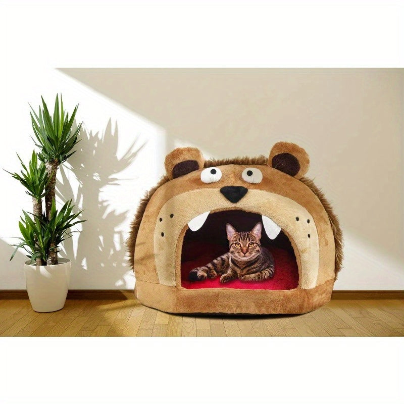 Cozy Roar Bear Plush Pet Bed - Soft Polar Fleece, Multicolor, Cartoon Bear Design with Large Eyes and Whiskers, Warm Snuggle Hideaway for Cats and Small Pets