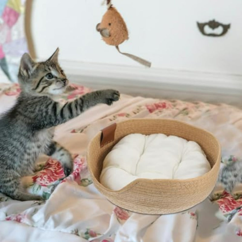 Woven Cat Bed 13.4x5.1 Warm Cute Sleeping Nest Basket Lovely Calming Round Soft Litter Mat Cushion for Pets to Sharpen Claws