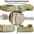 Natural Seaweed Pet Bed with Plush Cushion, 4 Woven Balls, Handmade Tetragonal Pet Basket, Cozy Indoor Den for Rabbits, Cats and Small Dogs