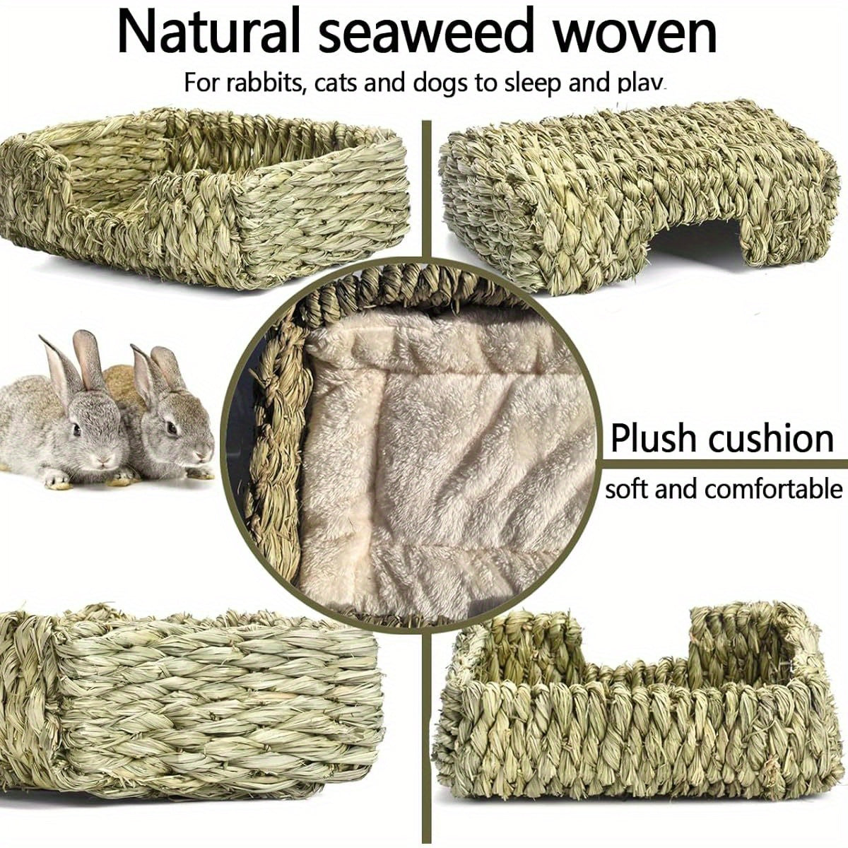 Natural Seaweed Pet Bed with Plush Cushion, 4 Woven Balls, Handmade Tetragonal Pet Basket, Cozy Indoor Den for Rabbits, Cats and Small Dogs