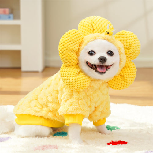 1pc Sunflower Pet Costume - Plush Dog Hoodie with Long Sleeves, Soft Warm Polyester, Suitable for Small to Medium Breeds, All Seasons, Easy Pull-On Design