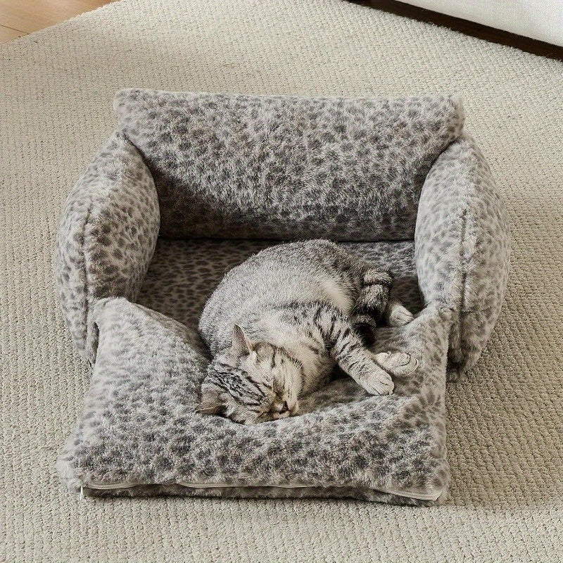 Cat Bed Fluffy Plush Mutifuctional DoubleLayer Soft Pet Couch Orthopedic Sofa Nest Beds for Small Cats and Dogs Snow Leopard 21x15x8 inch
