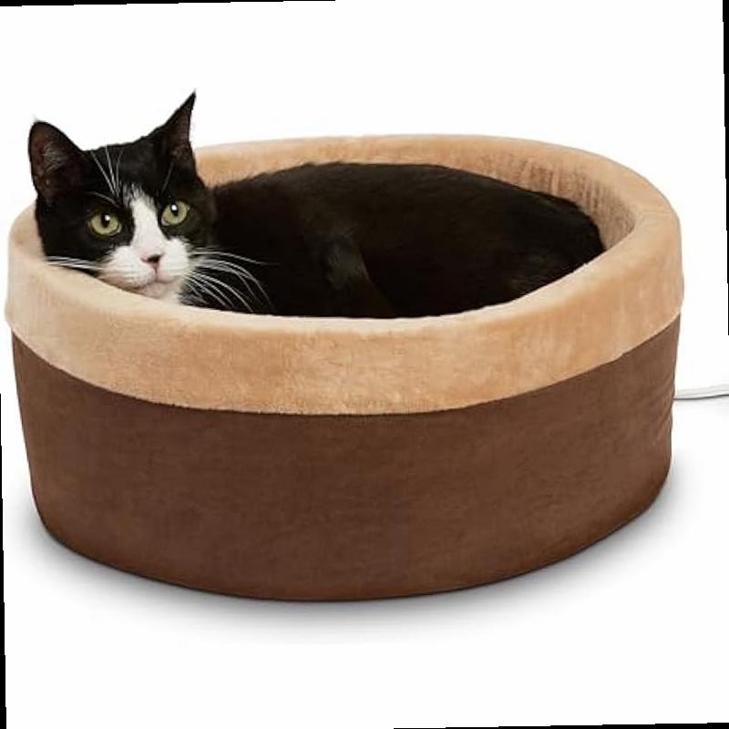 K H Pet Products Thermo Kitty Bed Heated Cat Beds for Indoor Cats Dogs Calming Warming Pillow Pet Bed Machine Washable Removable Heater Safety Listed Small 16 Round Mocha Tan