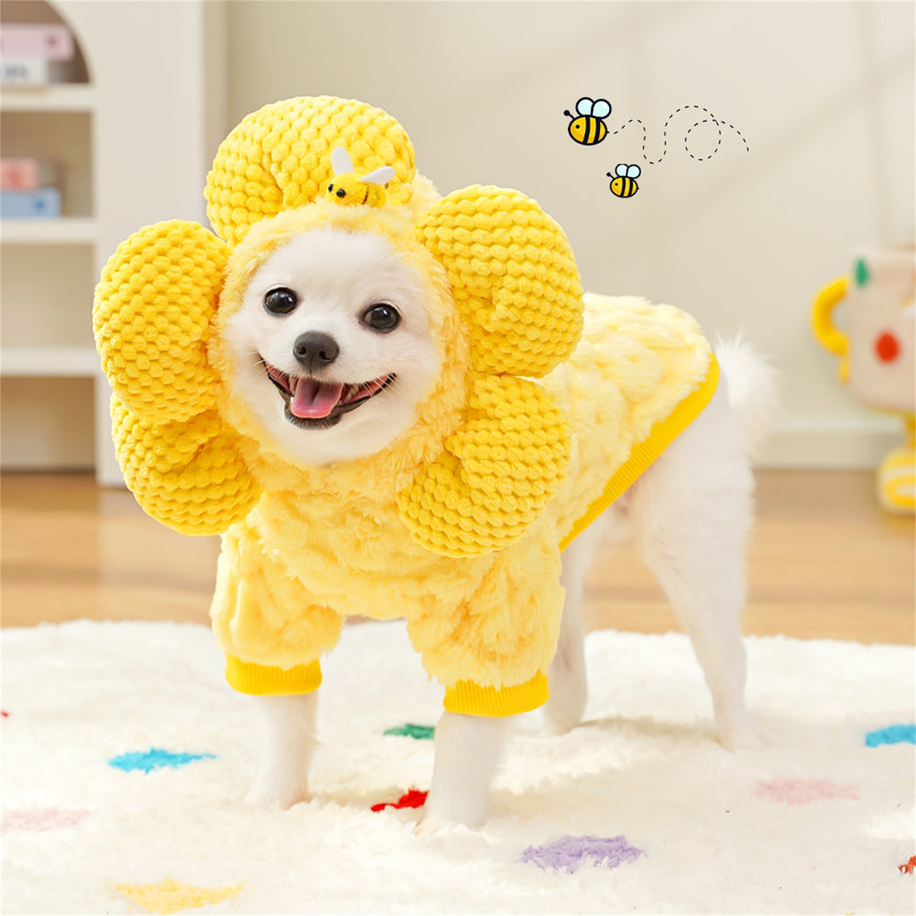 1pc Sunflower Pet Costume - Plush Dog Hoodie with Long Sleeves, Soft Warm Polyester, Suitable for Small to Medium Breeds, All Seasons, Easy Pull-On Design