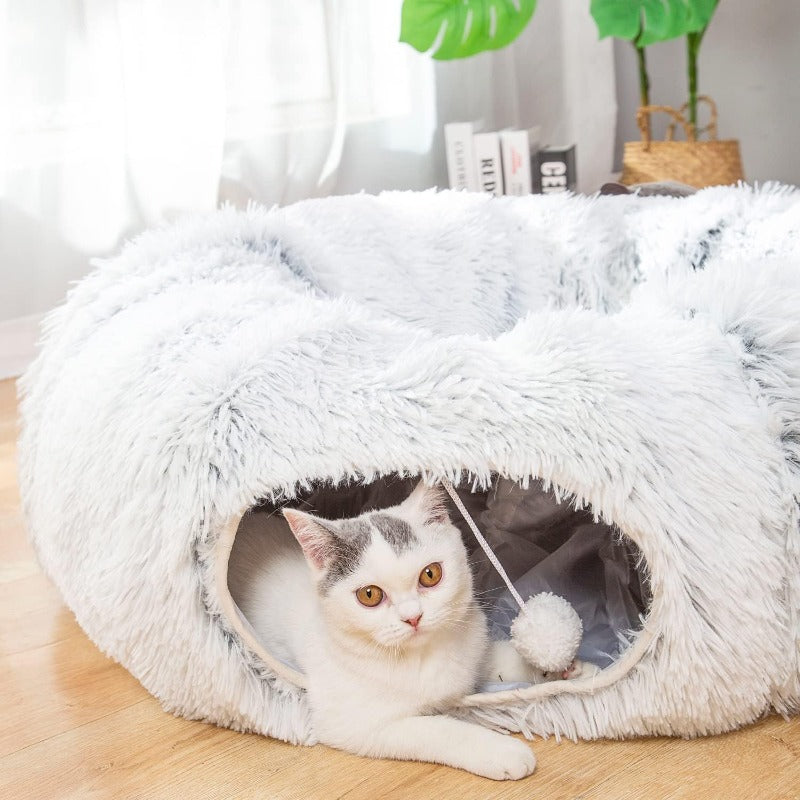 Warm Fluffy Plush Cat Dog Tunnel Bed with Washable CushionBig Tube Playground Toys 3 FT Diameter Longer Crinkle Collapsible 3 Way for Indoor Cat Kitty Kitten Puppy Rabbit Ferret White