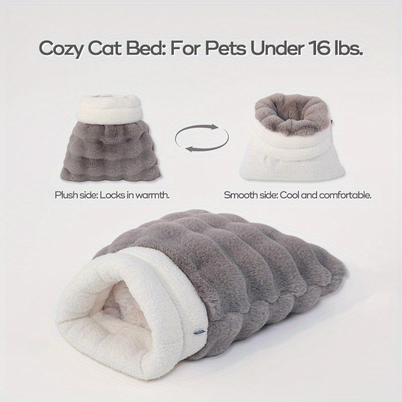 4-in-1 Cat Sleeping Bag & Cozy Cave - Plush Squirrel Fur-Lined Snuggle Bed for Small Pets up to 15 lbs, 21x17 Inch Warm Washable Blanket Mat, Grey Beige & White-Blue Mix for Cats, Puppies, Rabbits