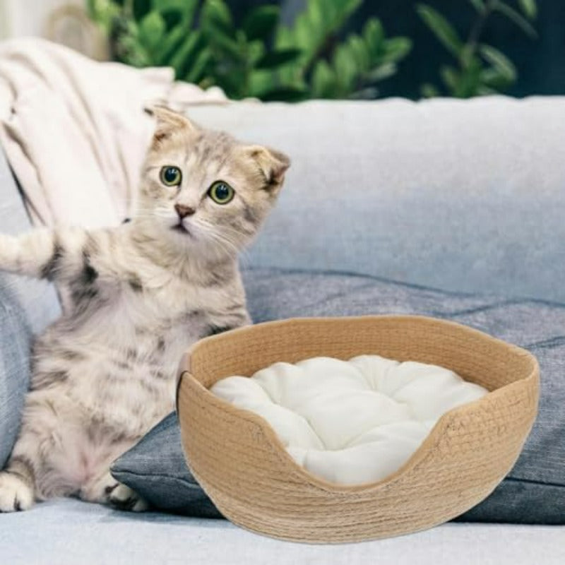 Woven Cat Bed 13.4x5.1 Warm Cute Sleeping Nest Basket Lovely Calming Round Soft Litter Mat Cushion for Pets to Sharpen Claws