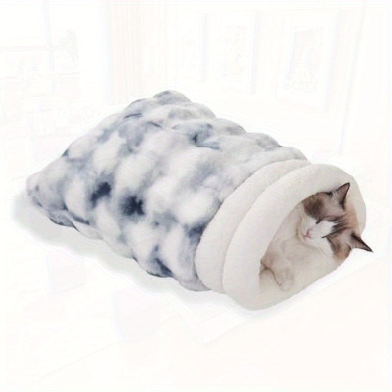 4-in-1 Self-Warming Plush Cat Bed & Cave - 21x17 Inch Cozy Sleeping Bag for Small Pets up to 15 lbs, Portable Pet Bed for Cats, Puppies, Rabbits - White, Cat Furniture Bed, Semienclosed Design, Fluffy Interior, Rabbit Lovers