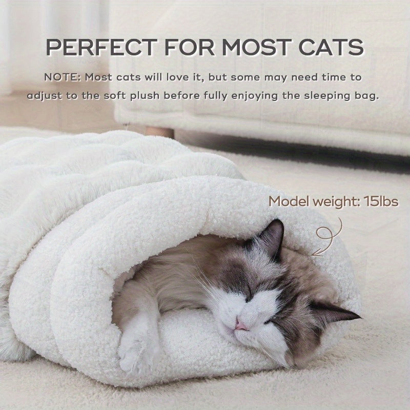 4-in-1 Self-Warming Plush Cat Bed & Cave - 21x17 Inch Cozy Sleeping Bag for Small Pets up to 15 lbs, Portable Pet Bed for Cats, Puppies, Rabbits - White, Cat Furniture Bed, Semienclosed Design, Fluffy Interior, Rabbit Lovers
