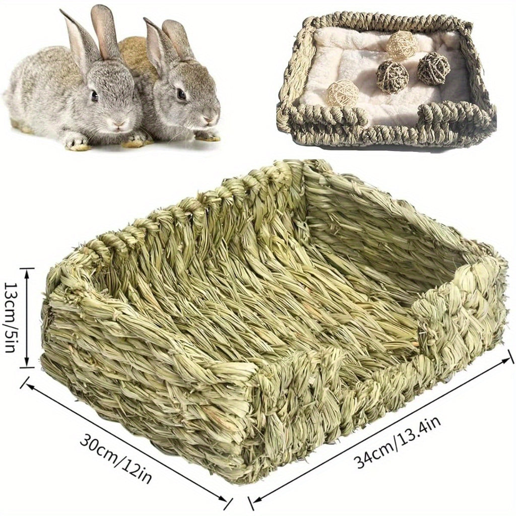 Natural Seaweed Pet Bed with Plush Cushion, 4 Woven Balls, Handmade Tetragonal Pet Basket, Cozy Indoor Den for Rabbits, Cats and Small Dogs