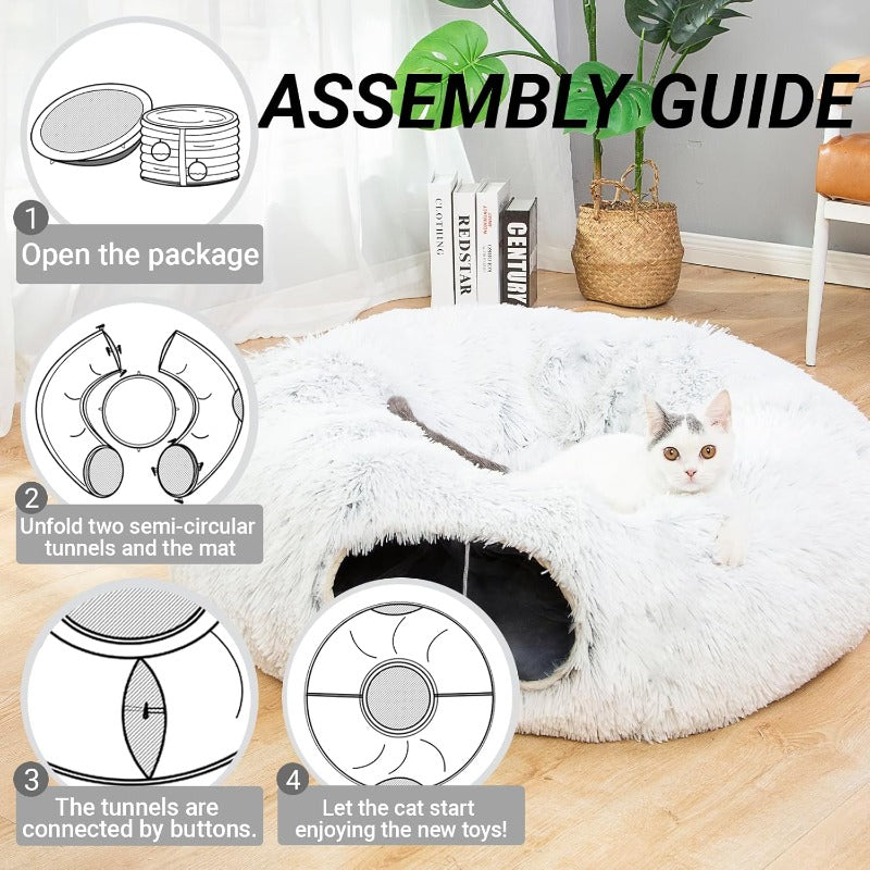 Warm Fluffy Plush Cat Dog Tunnel Bed with Washable CushionBig Tube Playground Toys 3 FT Diameter Longer Crinkle Collapsible 3 Way for Indoor Cat Kitty Kitten Puppy Rabbit Ferret White