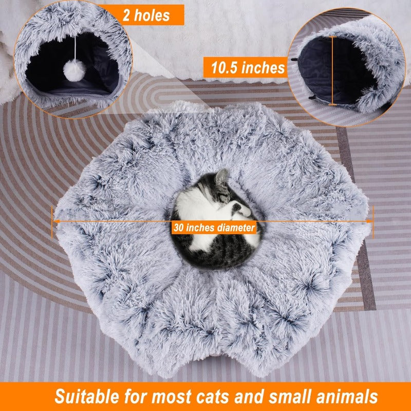 Cat Tunnel Bed for Indoor Cats Large 3in1 Donut Tunnel Peekaboo Cave With Washable Cushion Multifunctional Toys for Cats and Rabbits No Plush