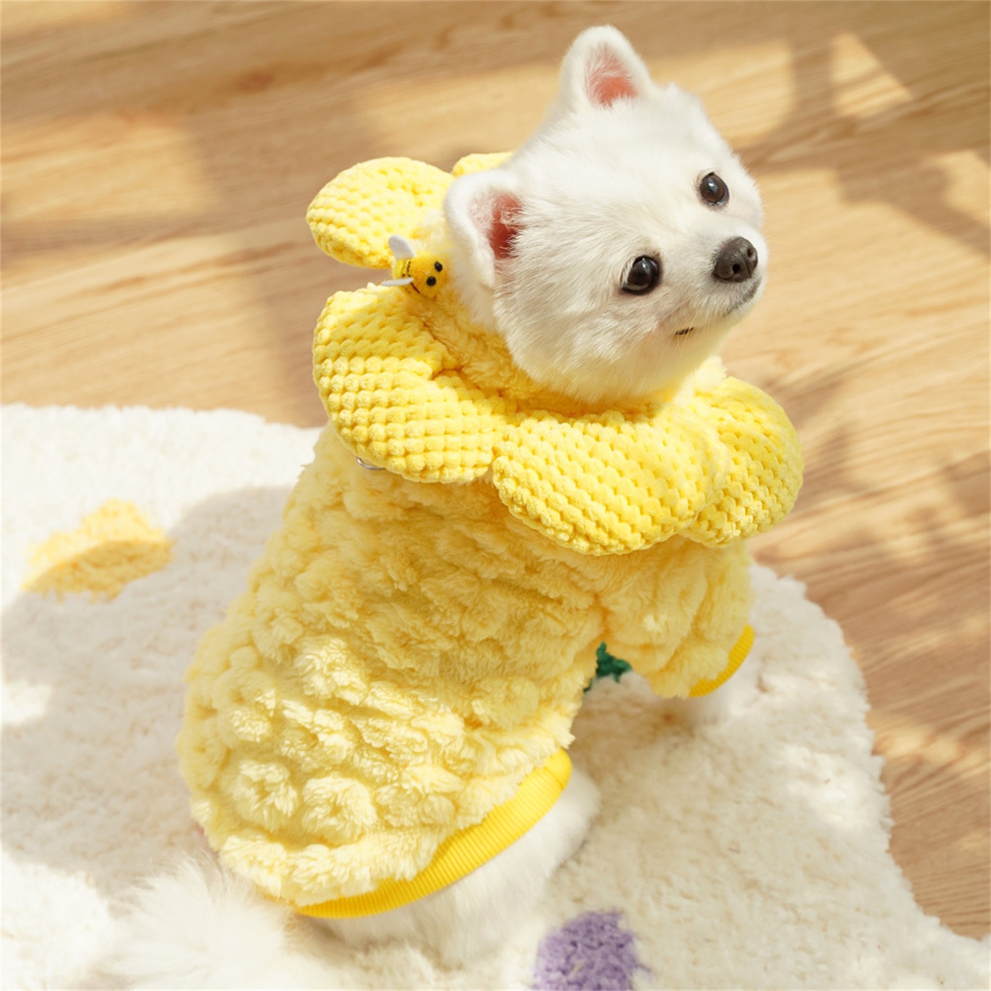 1pc Sunflower Pet Costume - Plush Dog Hoodie with Long Sleeves, Soft Warm Polyester, Suitable for Small to Medium Breeds, All Seasons, Easy Pull-On Design