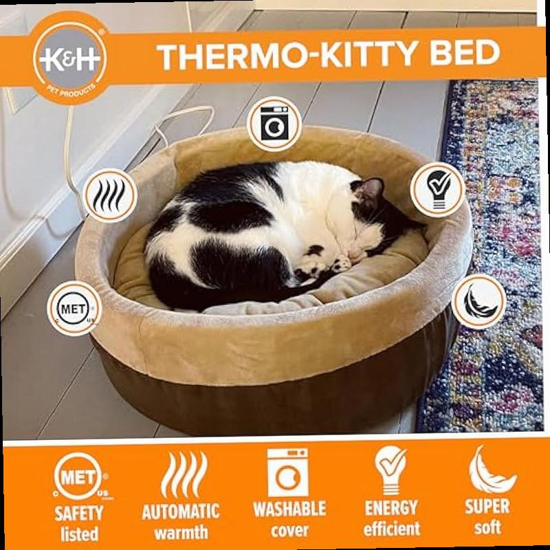 K H Pet Products Thermo Kitty Bed Heated Cat Beds for Indoor Cats Dogs Calming Warming Pillow Pet Bed Machine Washable Removable Heater Safety Listed Small 16 Round Mocha Tan