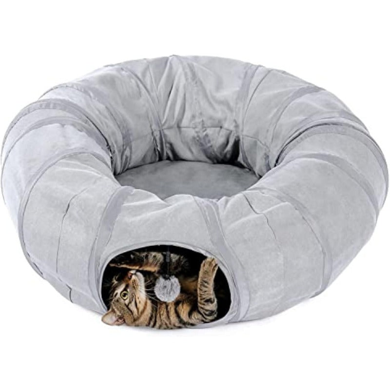 Cat Tunnel Bed for Indoor Cats Large 3in1 Donut Tunnel Peekaboo Cave With Washable Cushion Multifunctional Toys for Cats and Rabbits No Plush