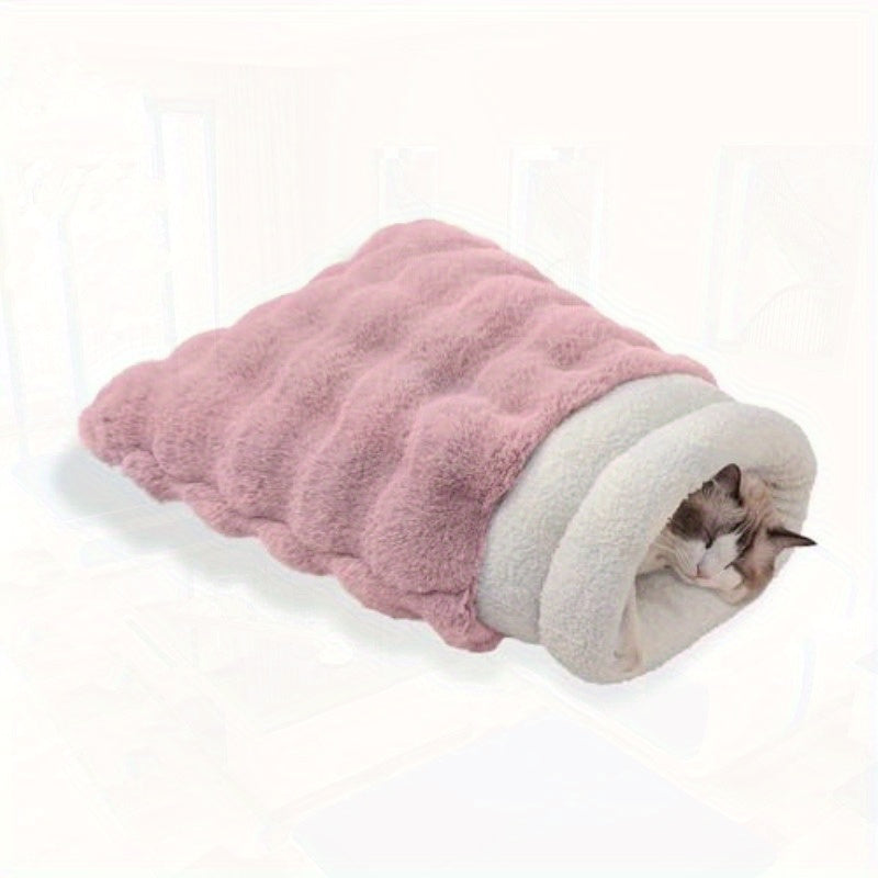 4-in-1 Self-Warming Plush Cat Bed & Cave - 21x17 Inch Cozy Sleeping Bag for Small Pets up to 15 lbs, Portable Pet Bed for Cats, Puppies, Rabbits - White, Cat Furniture Bed, Semienclosed Design, Fluffy Interior, Rabbit Lovers