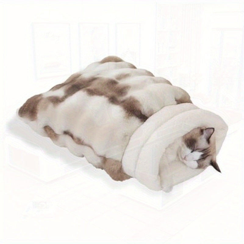 4-in-1 Self-Warming Plush Cat Bed & Cave - 21x17 Inch Cozy Sleeping Bag for Small Pets up to 15 lbs, Portable Pet Bed for Cats, Puppies, Rabbits - White, Cat Furniture Bed, Semienclosed Design, Fluffy Interior, Rabbit Lovers
