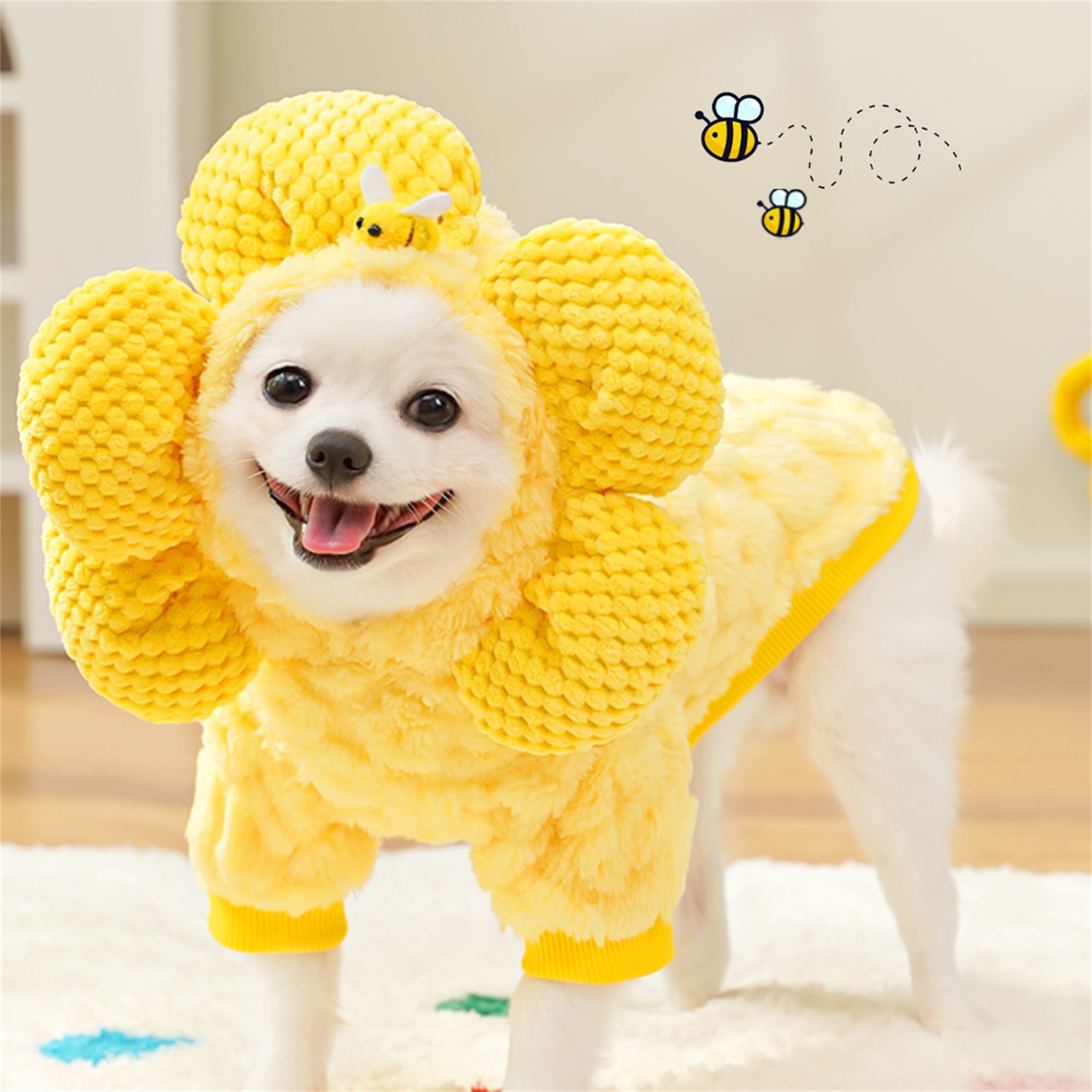 1pc Sunflower Pet Costume - Plush Dog Hoodie with Long Sleeves, Soft Warm Polyester, Suitable for Small to Medium Breeds, All Seasons, Easy Pull-On Design