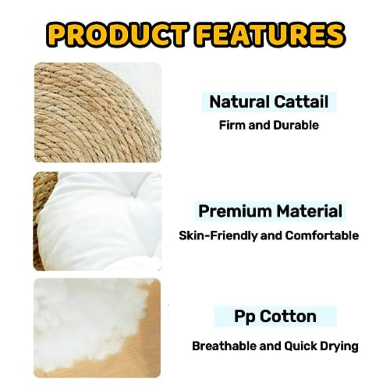 Natural Cat Bed Straw Nest Woven Pet House Handmade Braided Cattail Leaf with Soft Cushion 17 x 17 Inches