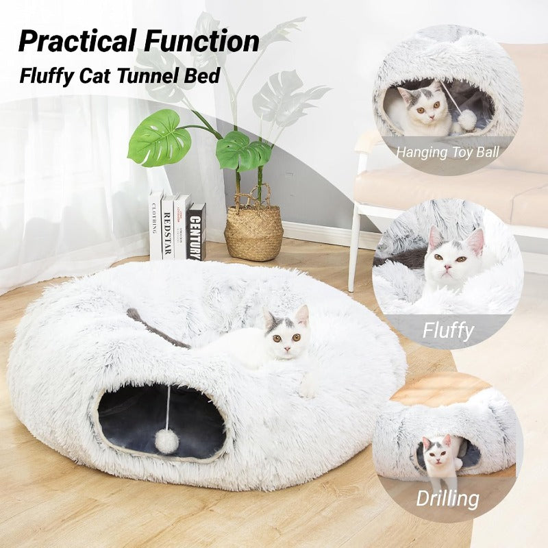 Warm Fluffy Plush Cat Dog Tunnel Bed with Washable CushionBig Tube Playground Toys 3 FT Diameter Longer Crinkle Collapsible 3 Way for Indoor Cat Kitty Kitten Puppy Rabbit Ferret White