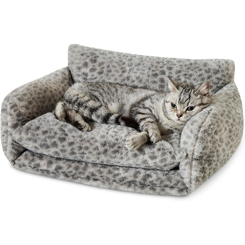 Fluffy Plush Cat Bed with a Multifunctional Double-Layer Design, Soft Orthopedic Sofa Nest for Small Cats And Dogs, Featuring a Snow Leopard Pattern, Measuring 21X15X8 Inches.