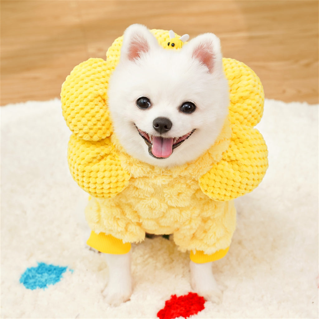 1pc Sunflower Pet Costume - Plush Dog Hoodie with Long Sleeves, Soft Warm Polyester, Suitable for Small to Medium Breeds, All Seasons, Easy Pull-On Design