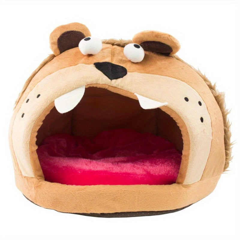 Cozy Roar Bear Plush Pet Bed - Soft Polar Fleece, Multicolor, Cartoon Bear Design with Large Eyes and Whiskers, Warm Snuggle Hideaway for Cats and Small Pets