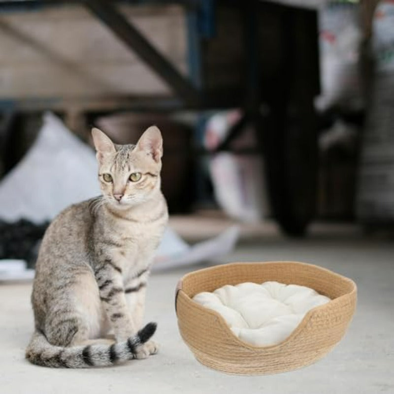 Woven Cat Bed 13.4x5.1 Warm Cute Sleeping Nest Basket Lovely Calming Round Soft Litter Mat Cushion for Pets to Sharpen Claws