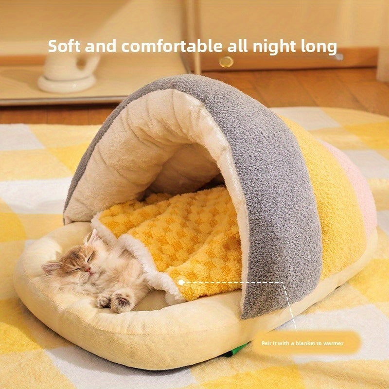 Cozy Cloud Velvet Pet Bed for Cats & Small Dogs - Semi-Enclosed Warm Slipper Nest with Plush Cushion, No Assembly Needed, Autumn Winter Home Decor