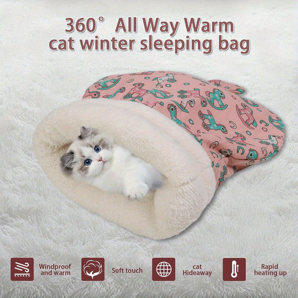 Self-Warming Cat Bed - Winter Warmth, Soft Plush Interior & Outer layer, Chew-Resistant Pet Sleeping Bag for Indoor Cats - Cozy Cave Bed, Pink for Small\u002FMedium Breeds, Small Cat Bed, Whimsical Animal Prints, Durable Polyester Fiber