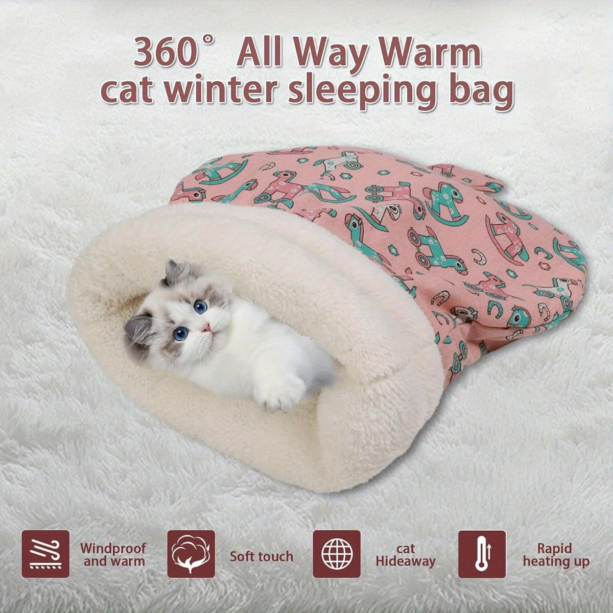 Self-Warming Cat Bed - Winter Warmth, Soft Plush Interior & Outer layer, Chew-Resistant Pet Sleeping Bag for Indoor Cats - Cozy Cave Bed, Pink for Small\u002FMedium Breeds, Small Cat Bed, Whimsical Animal Prints, Durable Polyester Fiber