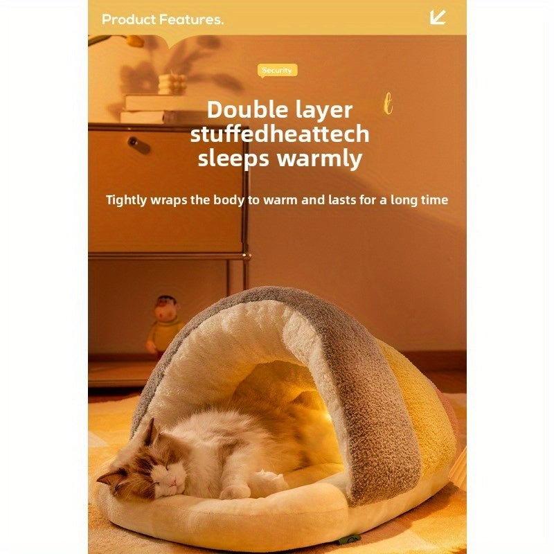 Cozy Cloud Velvet Pet Bed for Cats & Small Dogs - Semi-Enclosed Warm Slipper Nest with Plush Cushion, No Assembly Needed, Autumn Winter Home Decor