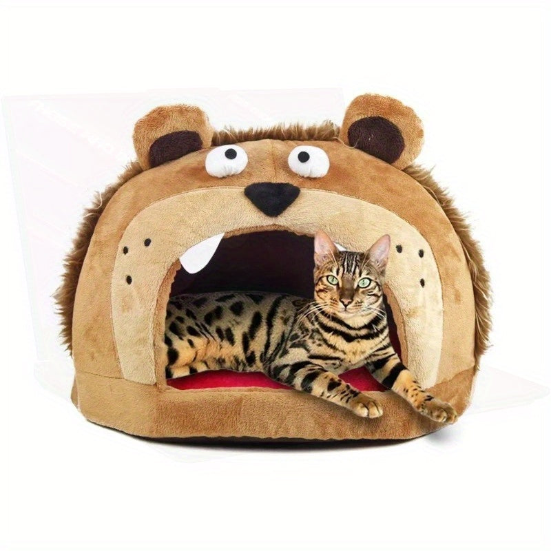 Cozy Roar Bear Plush Pet Bed - Soft Polar Fleece, Multicolor, Cartoon Bear Design with Large Eyes and Whiskers, Warm Snuggle Hideaway for Cats and Small Pets