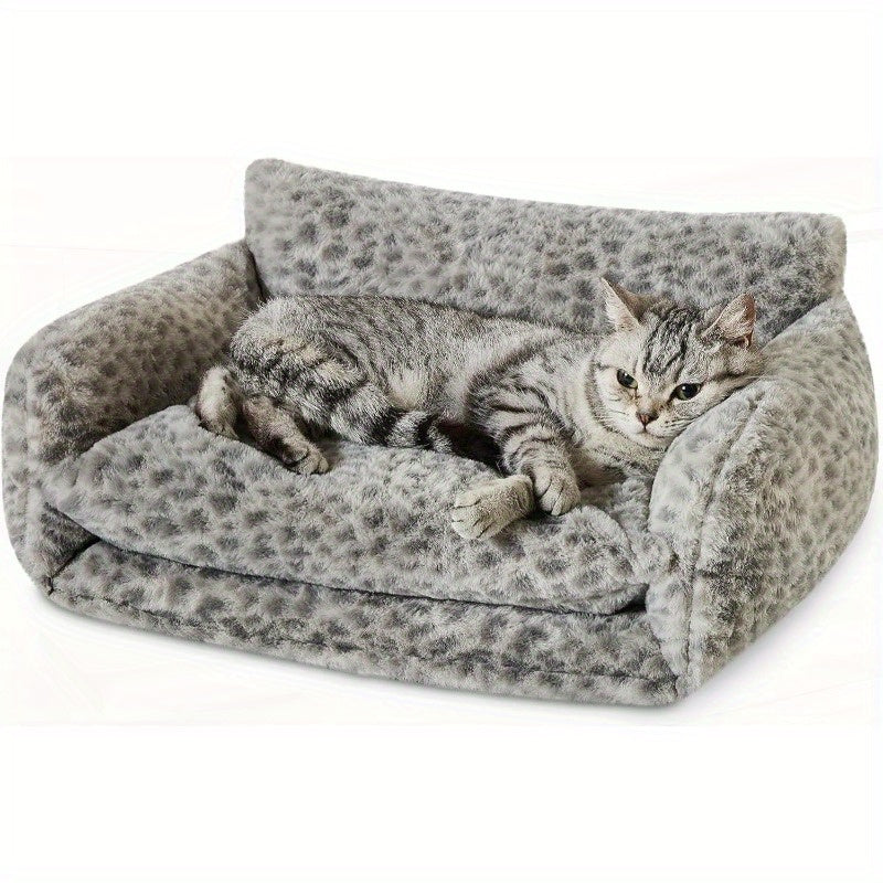 Cat Bed Fluffy Plush Mutifuctional DoubleLayer Soft Pet Couch Orthopedic Sofa Nest Beds for Small Cats and Dogs Snow Leopard 21x15x8 inch