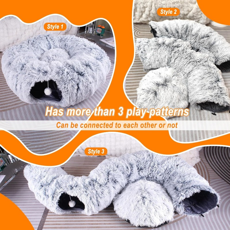 Cat Tunnel Bed for Indoor Cats Large 3in1 Donut Tunnel Peekaboo Cave With Washable Cushion Multifunctional Toys for Cats and Rabbits No Plush