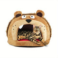 Cozy Roar Bear Plush Pet Bed - Soft Polar Fleece, Multicolor, Cartoon Bear Design with Large Eyes and Whiskers, Warm Snuggle Hideaway for Cats and Small Pets