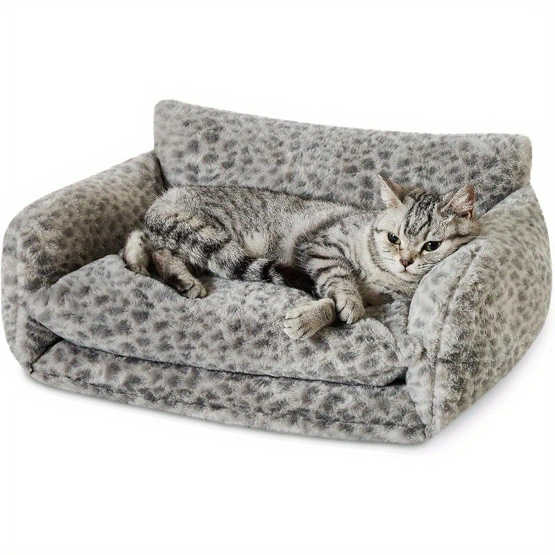 Cat Bed Fluffy Plush Mutifuctional DoubleLayer Soft Pet Couch Orthopedic Sofa Nest Beds for Small Cats and Dogs Snow Leopard 21x15x8 inch
