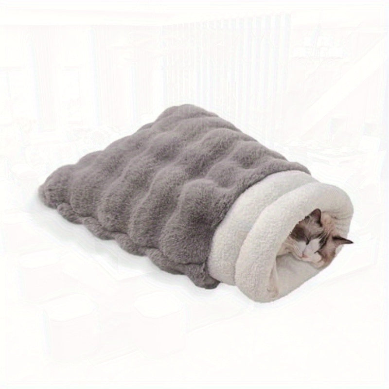 4-in-1 Self-Warming Plush Cat Bed & Cave - 21x17 Inch Cozy Sleeping Bag for Small Pets up to 15 lbs, Portable Pet Bed for Cats, Puppies, Rabbits - White, Cat Furniture Bed, Semienclosed Design, Fluffy Interior, Rabbit Lovers