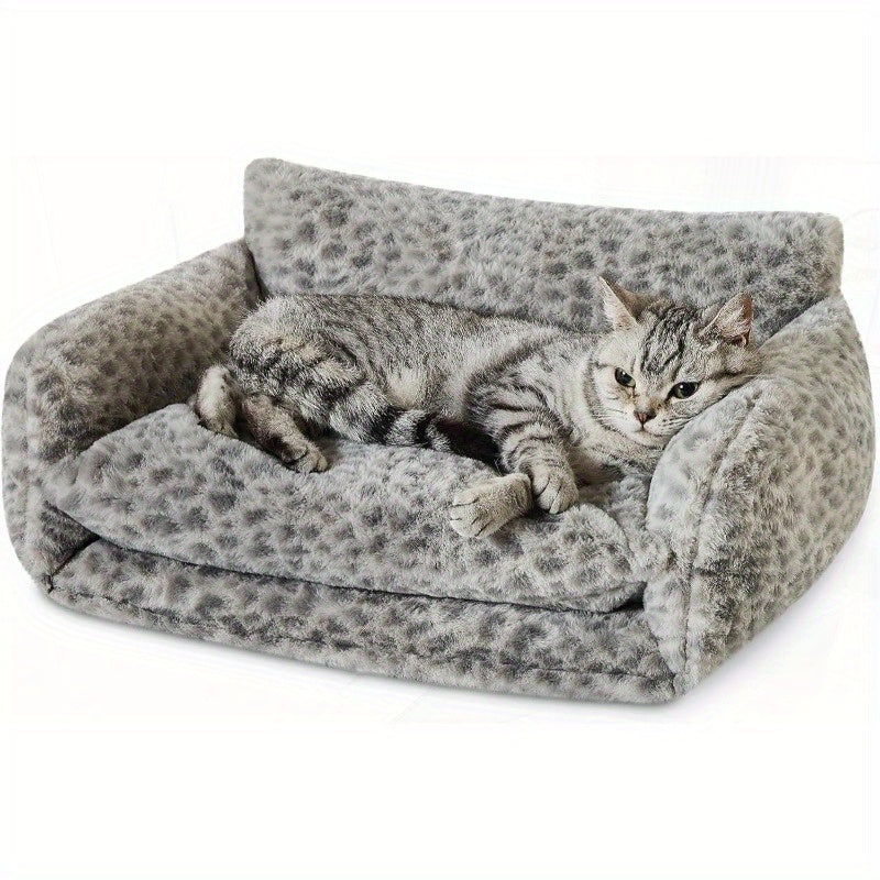 Fluffy Plush Cat Bed with a Multifunctional Double-Layer Design, Soft Orthopedic Sofa Nest for Small Cats And Dogs, Featuring a Snow Leopard Pattern, Measuring 21X15X8 Inches.