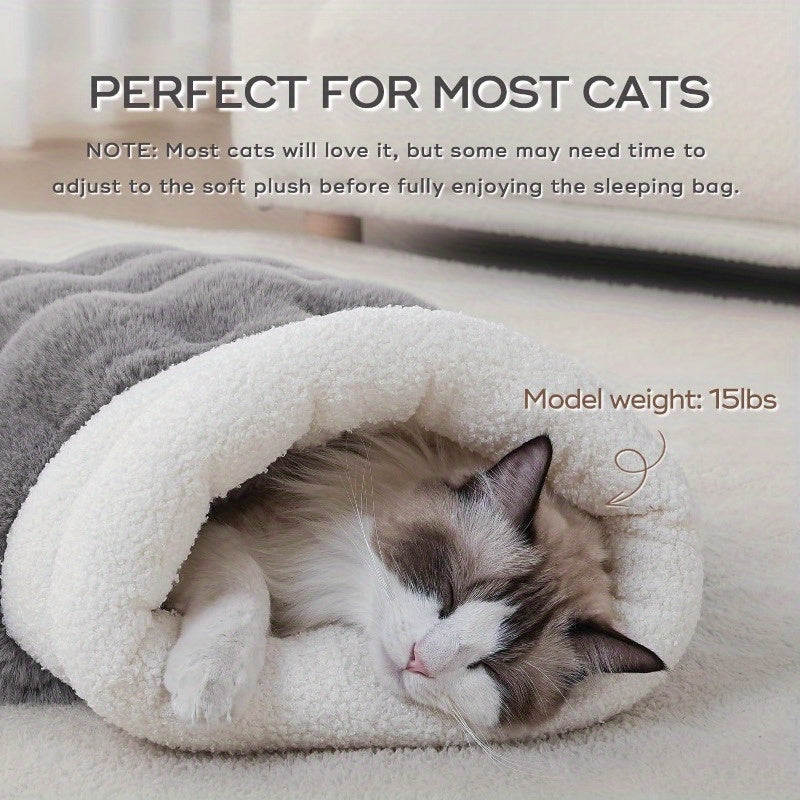 4-in-1 Cat Sleeping Bag & Cozy Cave - Plush Squirrel Fur-Lined Snuggle Bed for Small Pets up to 15 lbs, 21x17 Inch Warm Washable Blanket Mat, Grey Beige & White-Blue Mix for Cats, Puppies, Rabbits
