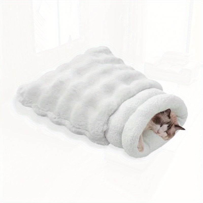 4-in-1 Self-Warming Plush Cat Bed & Cave - 21x17 Inch Cozy Sleeping Bag for Small Pets up to 15 lbs, Portable Pet Bed for Cats, Puppies, Rabbits - White, Cat Furniture Bed, Semienclosed Design, Fluffy Interior, Rabbit Lovers