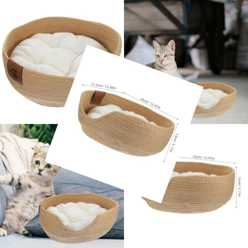 Woven Cat Bed 13.4x5.1 Warm Cute Sleeping Nest Basket Lovely Calming Round Soft Litter Mat Cushion for Pets to Sharpen Claws