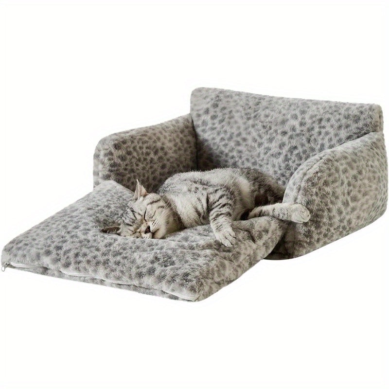 Cat Bed Fluffy Plush Mutifuctional DoubleLayer Soft Pet Couch Orthopedic Sofa Nest Beds for Small Cats and Dogs Snow Leopard 21x15x8 inch