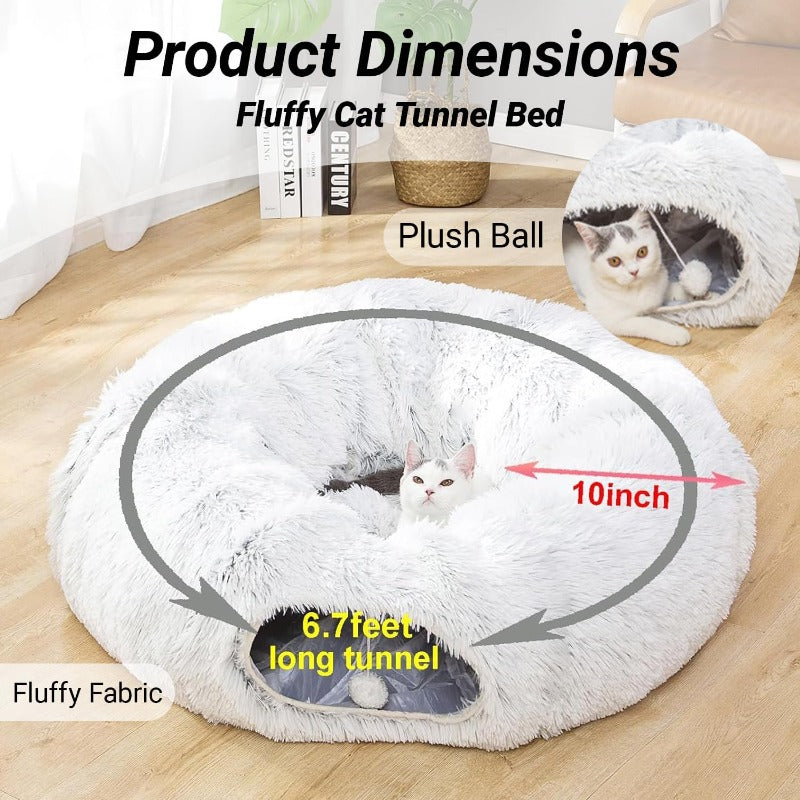 Warm Fluffy Plush Cat Dog Tunnel Bed with Washable CushionBig Tube Playground Toys 3 FT Diameter Longer Crinkle Collapsible 3 Way for Indoor Cat Kitty Kitten Puppy Rabbit Ferret White