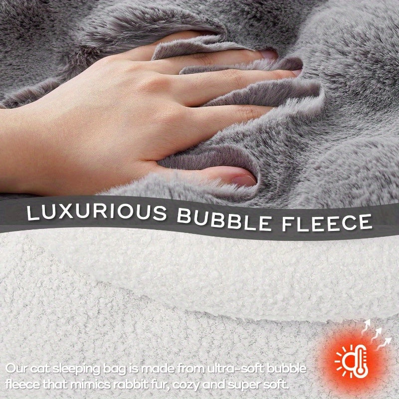 4-in-1 Cat Sleeping Bag & Cozy Cave - Plush Squirrel Fur-Lined Snuggle Bed for Small Pets up to 15 lbs, 21x17 Inch Warm Washable Blanket Mat, Grey Beige & White-Blue Mix for Cats, Puppies, Rabbits